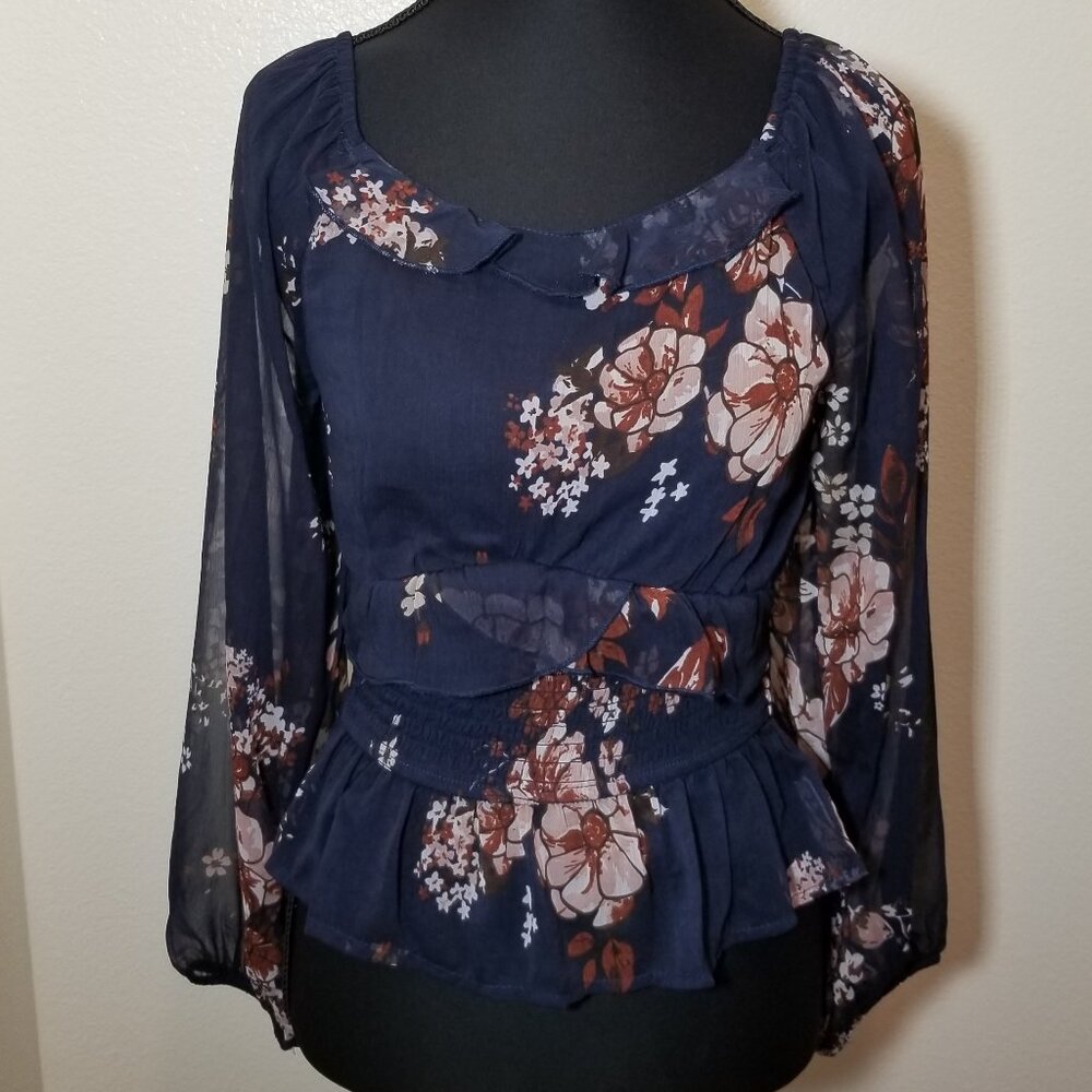 Bloom Womens Small Floral Balloon Sheer Sleeve Top Milk Maid Peasant Cottage NWT